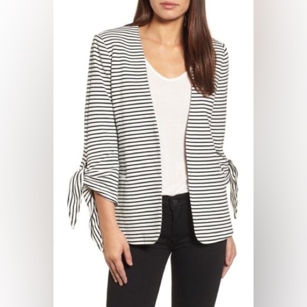 Olivia Moon Women Knit Open Front Blazer Jacket Black White Stripe